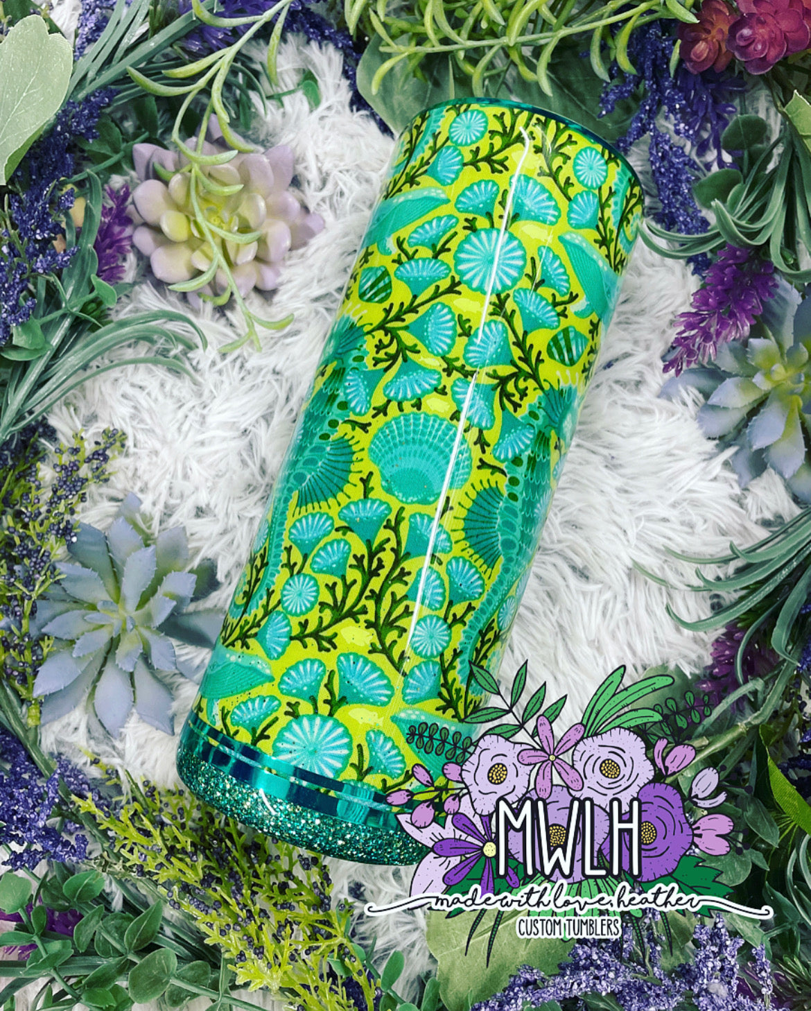 RTS - 30 oz Lime & Teal Seahorse Fabric Glitter Fatty Tumbler