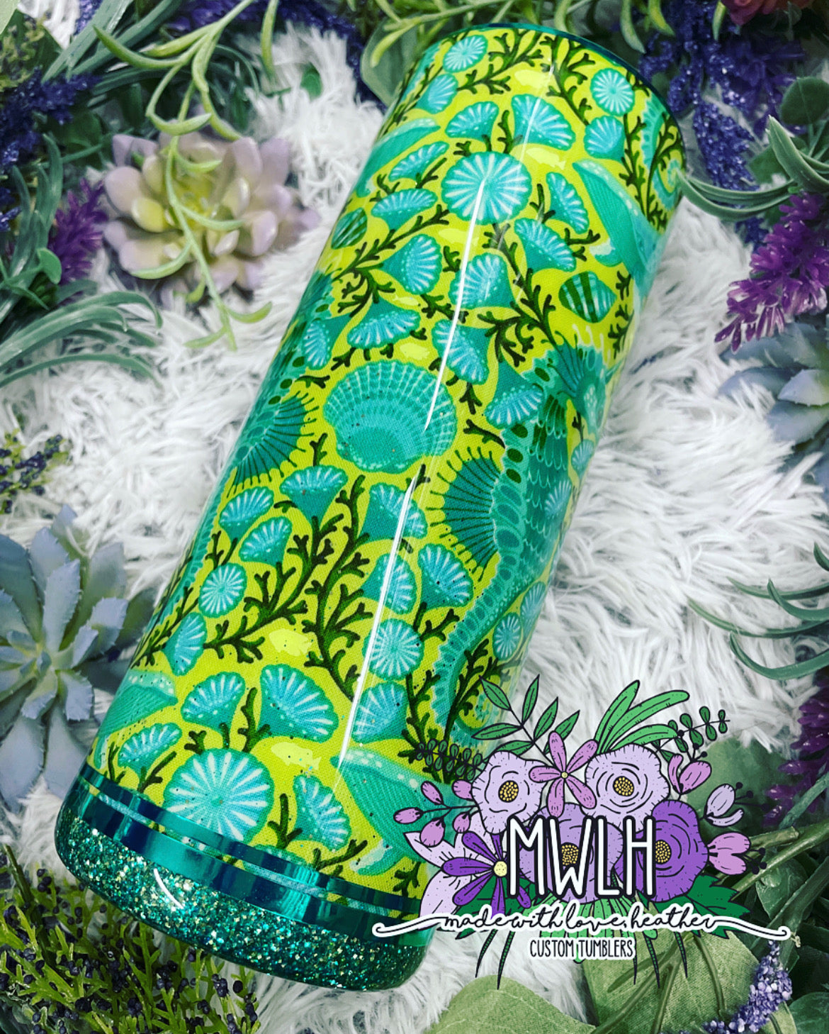 RTS - 30 oz Lime & Teal Seahorse Fabric Glitter Fatty Tumbler