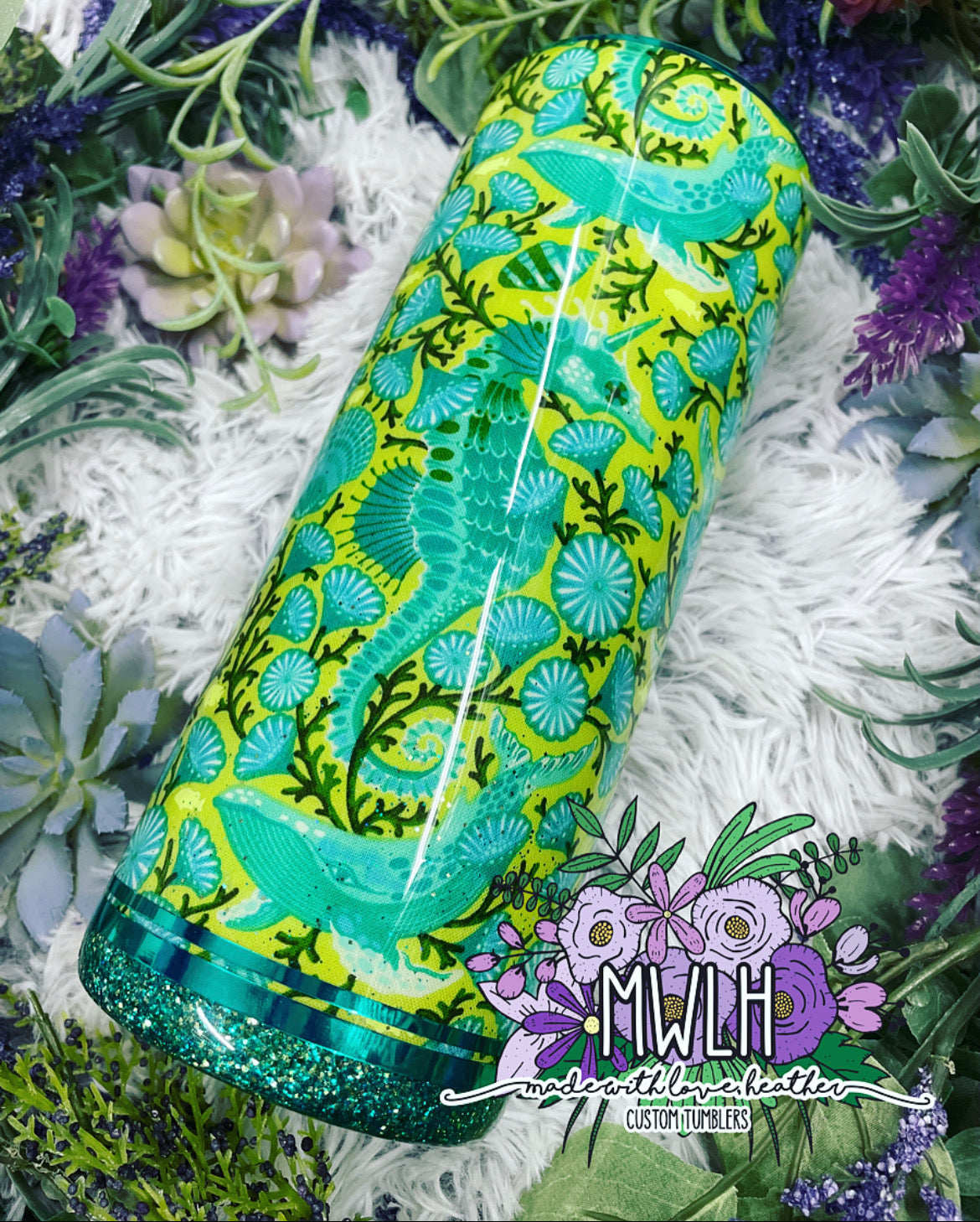 RTS - 30 oz Lime & Teal Seahorse Fabric Glitter Fatty Tumbler