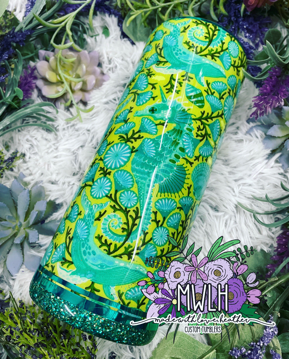 RTS - 30 oz Lime & Teal Seahorse Fabric Glitter Fatty Tumbler