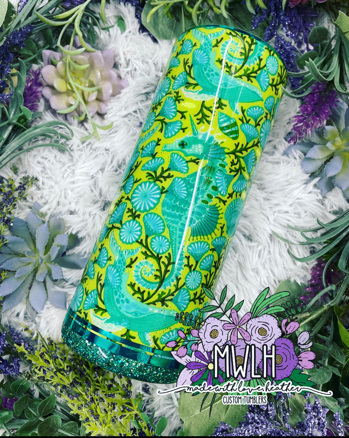 RTS - 30 oz Lime & Teal Seahorse Fabric Glitter Fatty Tumbler