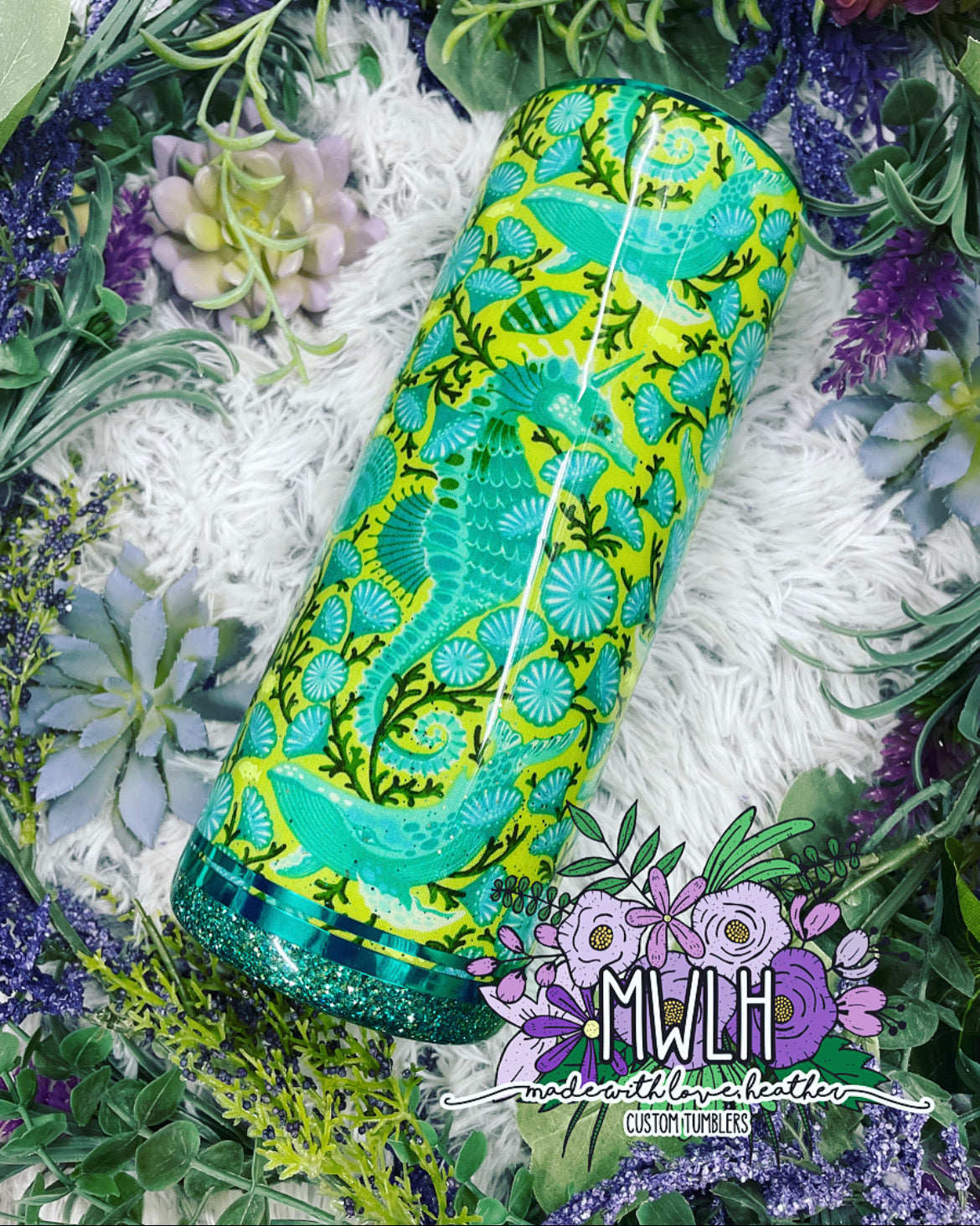 RTS - 30 oz Lime & Teal Seahorse Fabric Glitter Fatty Tumbler