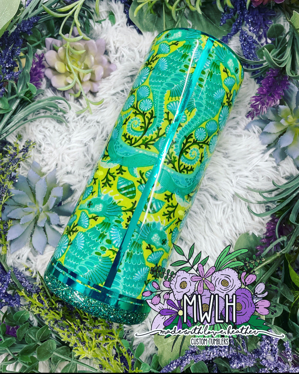 RTS - 30 oz Lime & Teal Seahorse Fabric Glitter Fatty Tumbler