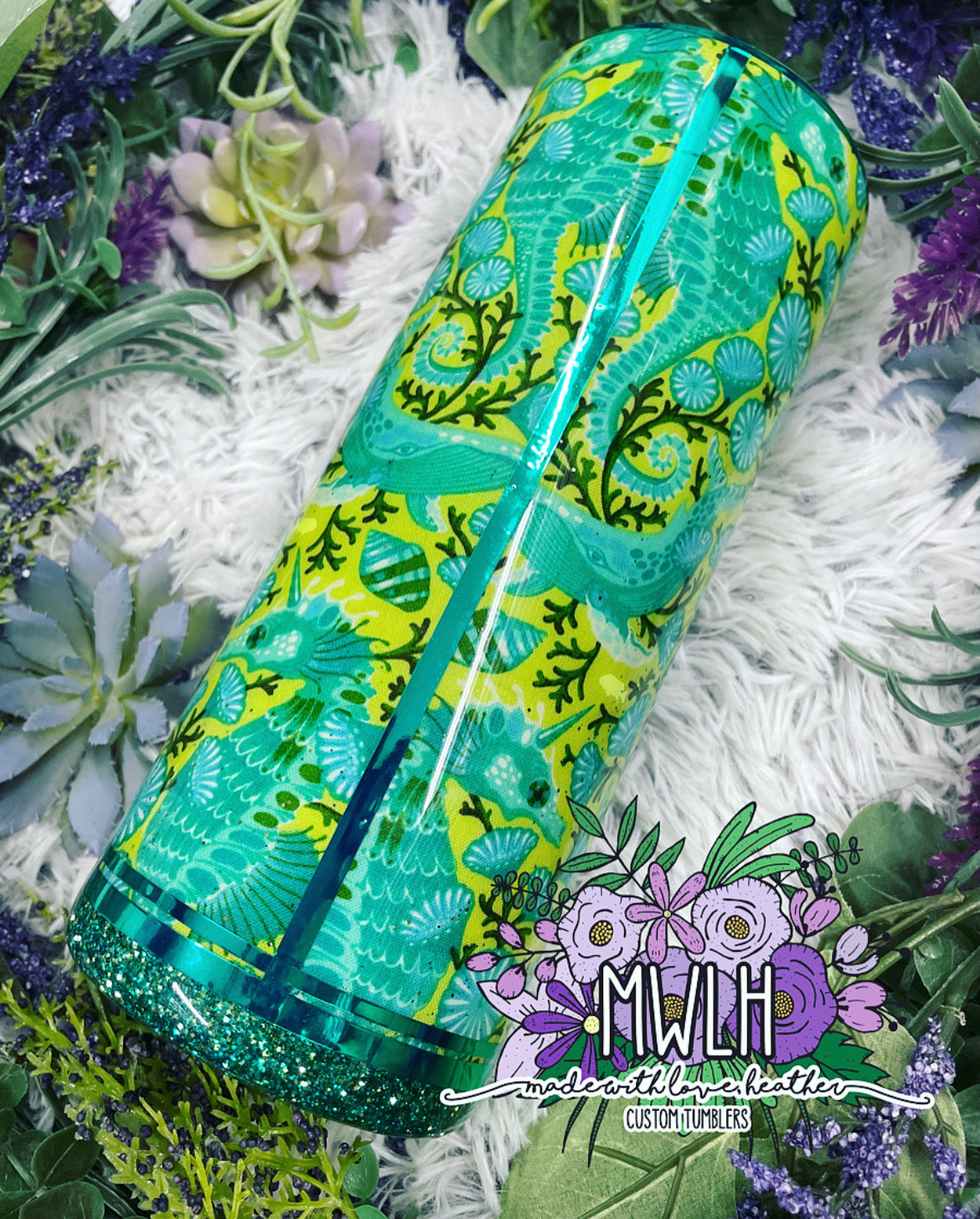 RTS - 30 oz Lime & Teal Seahorse Fabric Glitter Fatty Tumbler