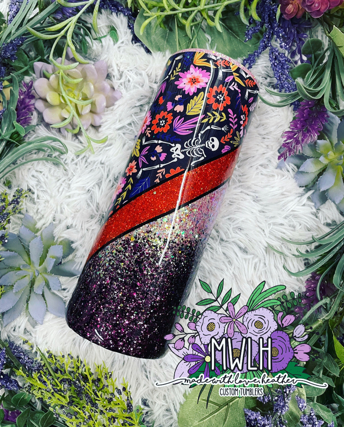 RTS - 24 oz Skeleton Glitter Skinny Tumbler